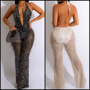 Women Sexy Bling Mesh Halter Backless Jumpsuit