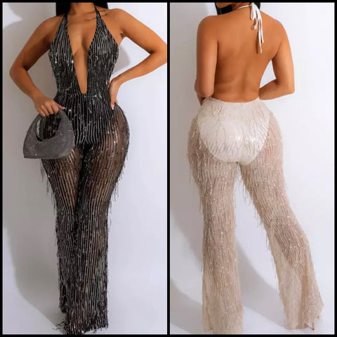 Women Sexy Bling Mesh Halter Backless Jumpsuit
