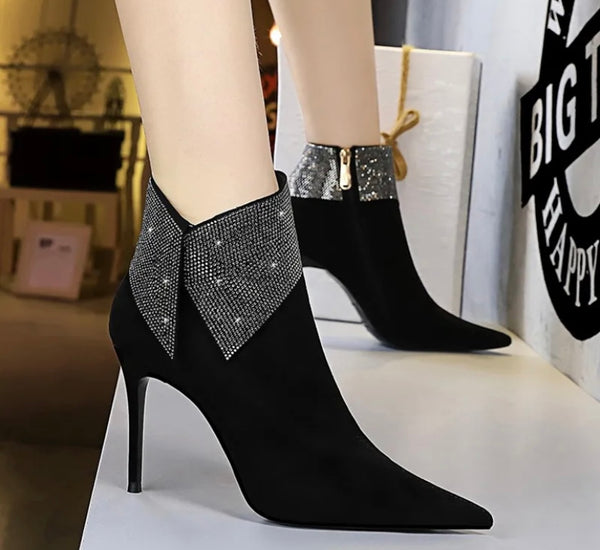 Women Pointed Toe Side Zipper Bling Patchwork Ankle Boots