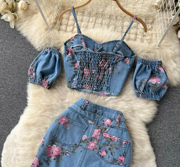 Women Fashion Sleeveless Floral Denim Two Piece Maxi Skirt Set