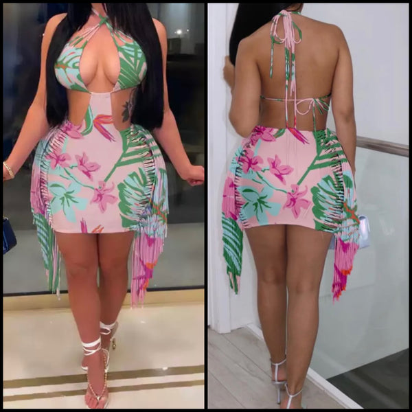 Women Sexy Multicolored Printed Tassel Backless Dress