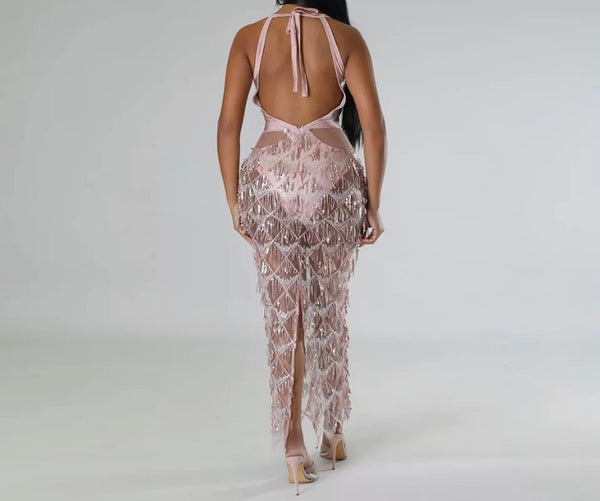 Women Sexy Halter Mesh Bling Tassel Maxi Dress