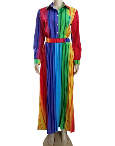 Women Fashion Full Sleeve Button Up Rainbow Striped Two Piece Maxi Skirt Set