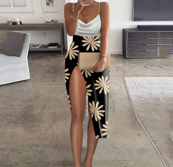Women Sexy Sleeveless Printed High Side Slit Dress