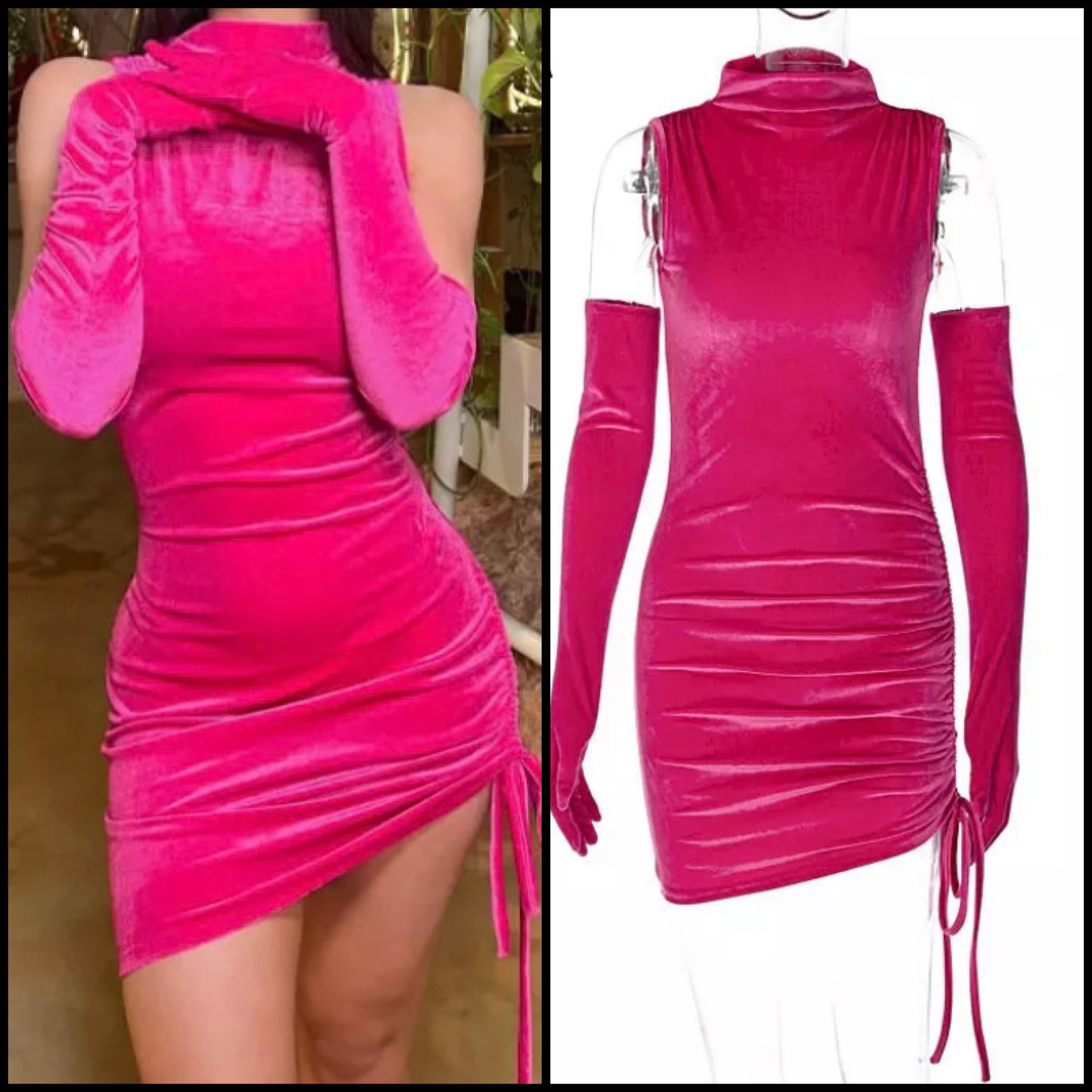 Women Sexy Sleeveless Pink Velour Drawstring Glove Dress