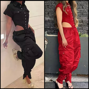 Women Fashion Button Up Bodysuit Two Piece Pant Set