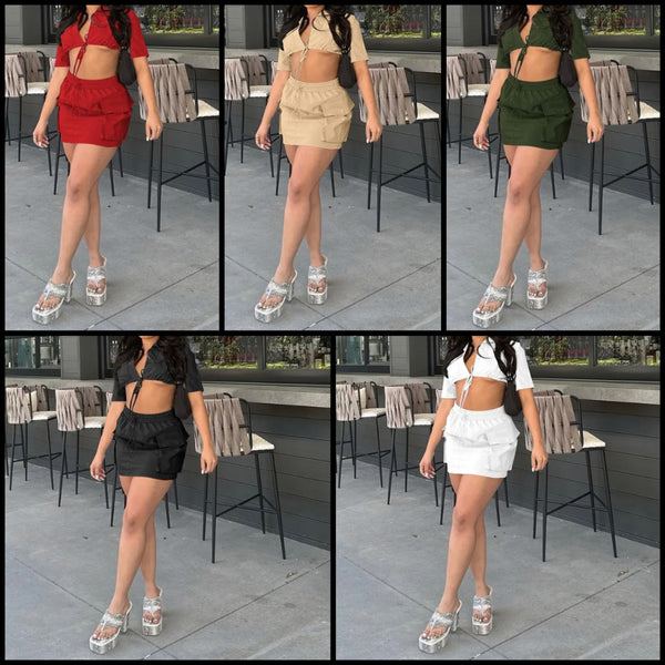 Women Sexy Short Sleeve Drawstring Two Piece Skirt Set