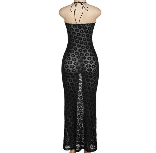 Women Sexy Sleeveless Cut Out Mesh Floral Maxi Dress