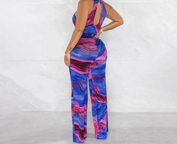 Women Sleeveless Colorful Print Belted Wide Leg Jumpsuit