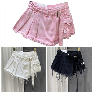 Women Fashion Fringe Pleated Denim Wrap Shorts