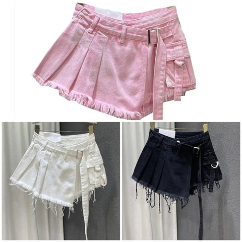 Women Fashion Fringe Pleated Denim Wrap Shorts