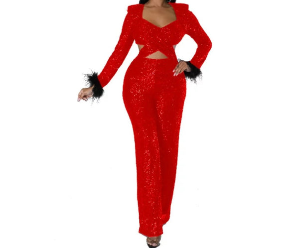 Women Sexy Sequins Cut Out Full Feather Sleeve Jumpsuit
