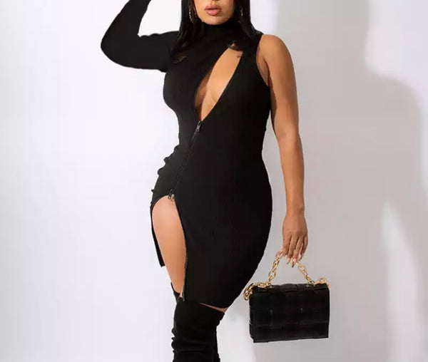Women Sexy Black One Shoulder Double Zipper Dress