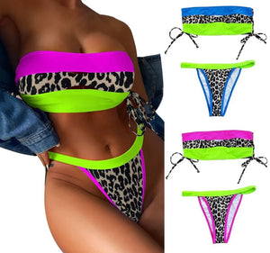 Women Strapless Sexy Animal Print Color Patchwork Bikini Swimsuit