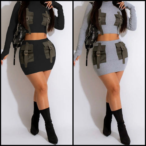 Women Fashion Full Sleeve Pocket Two Piece Skirt Set