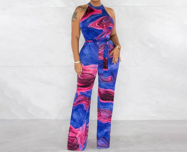 Women Sleeveless Colorful Print Belted Wide Leg Jumpsuit