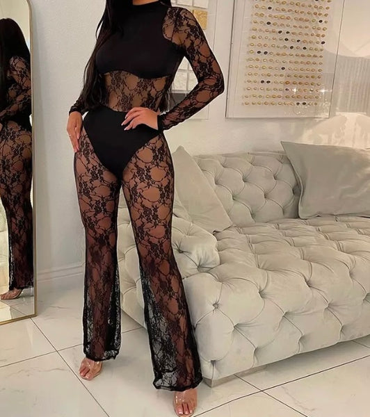 Women Sexy Lace Black Full Sleeve Jumpsuit