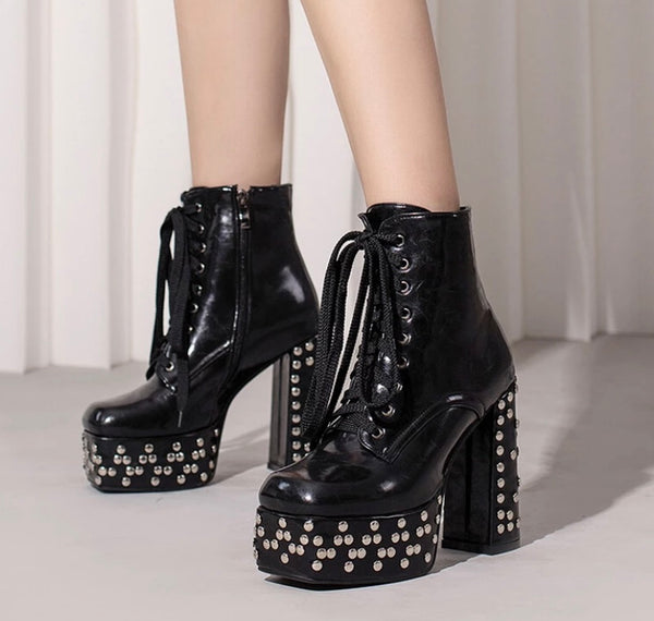 Women PU Rivet Platform Lace Up Ankle Boots