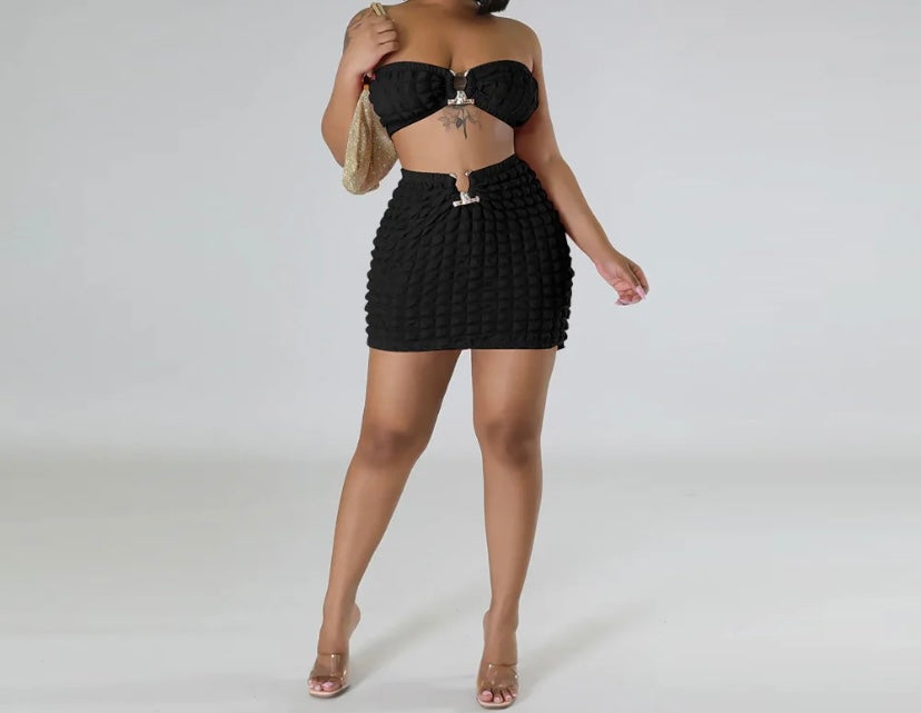 Women Sexy Metal Strapless Crop Two Piece Skirt Set