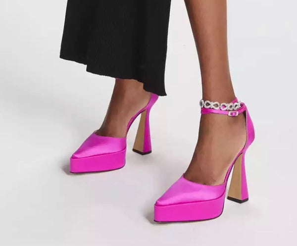 Women Platform Pointed Toe Rhinestone Ankle Strap High Heels