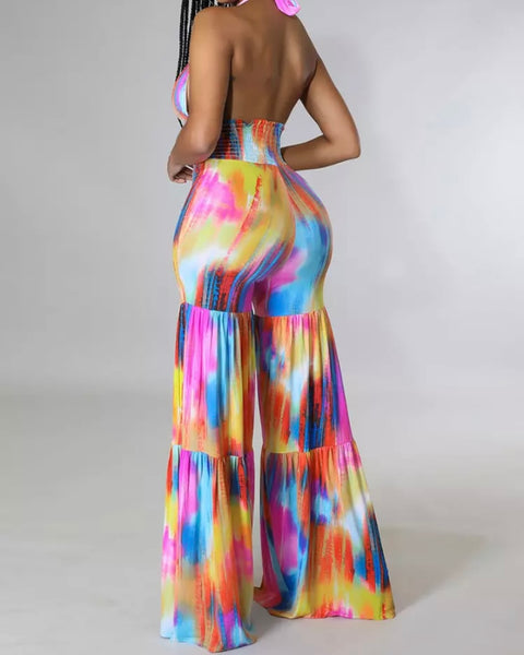 Women Tie Dye Halter Wide Leg Jumpsuit