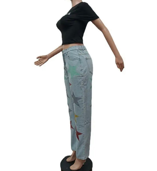 Women Colorful Star Print Fashion Denim Pants