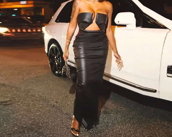 Women Sexy Black PU Strapless Maxi Dress