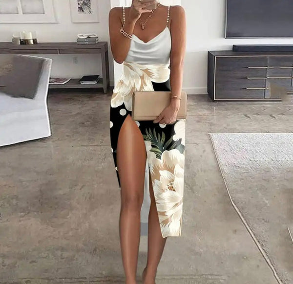Women Sexy Sleeveless Printed High Side Slit Dress