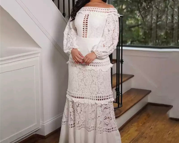 Women White Off The Shoulder Lace Patchwork Maxi Dress