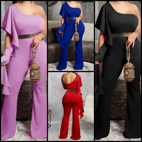 Women Fashion One Shoulder Asymmetrical Sleeve Jumpsuit