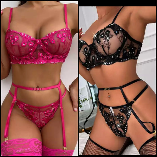 Women Sexy Sparkle Mesh Lingerie Set