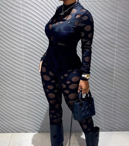 Women Sexy Black Mesh Hollow Out Full Sleeve Two Piece Pant Set