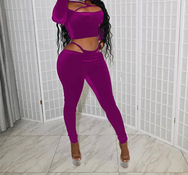 Women Velour Two Piece Sexy Off The Shoulder Pant Set