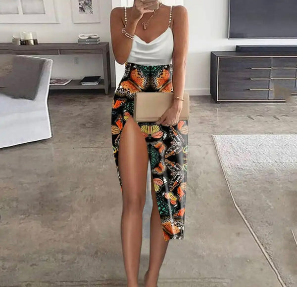 Women Sexy Sleeveless Printed High Side Slit Dress