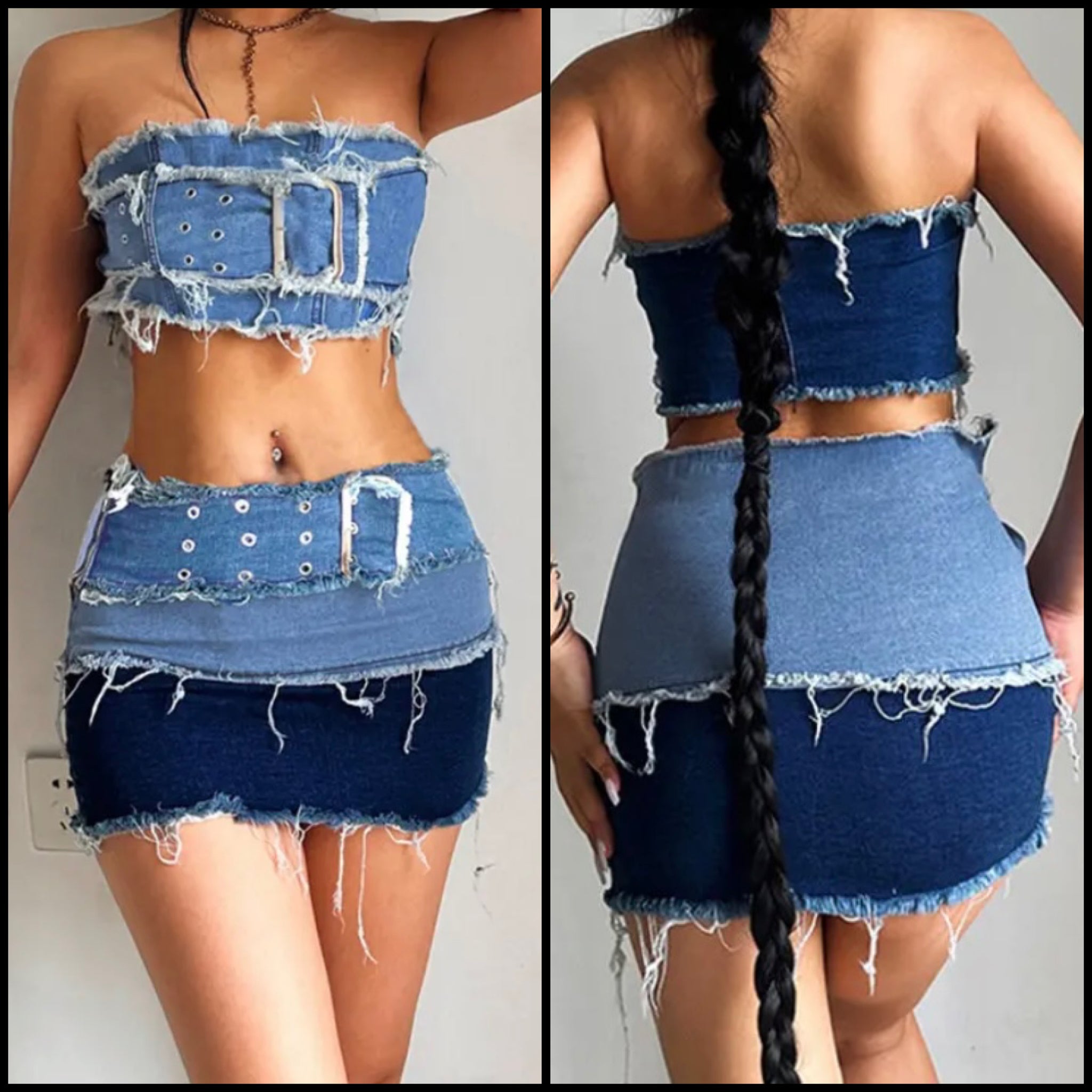 Women Buckled Strapless Color Patchwork Denim Two Piece Skirt Set