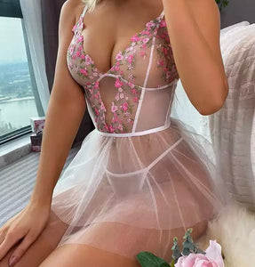 Women Sexy Mesh Floral White Lingerie Set