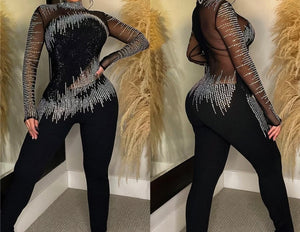 Women Sexy Full Sleeve Bling Mesh Patchwork Fashion Jumpsuit