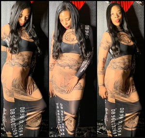 Women Sexy Black Money Print Long Sleeve Mesh Fashion Dress