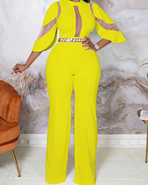 Women Sexy Solid Color Mesh Patchwork Jumpsuit
