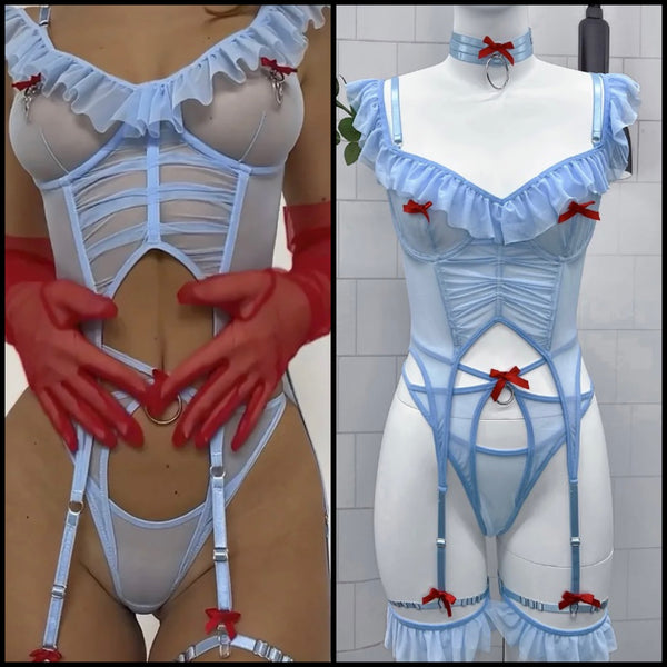 Women Sexy Blue Mesh Red Bow Lingerie Set