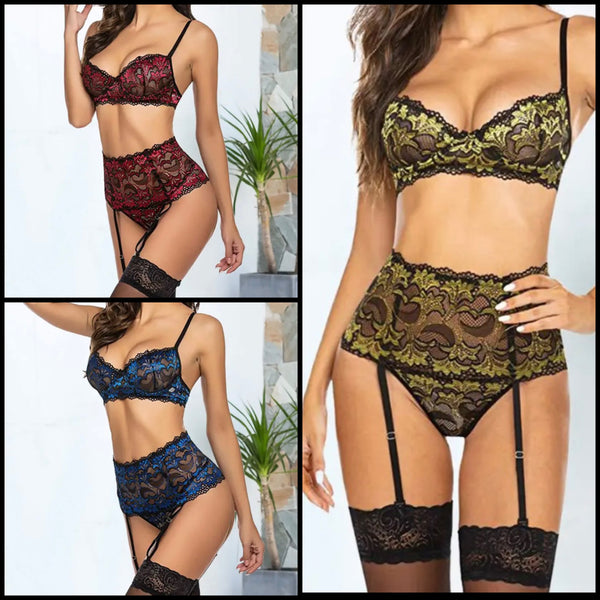 Women Sexy Color Lace Mesh Lingerie Set