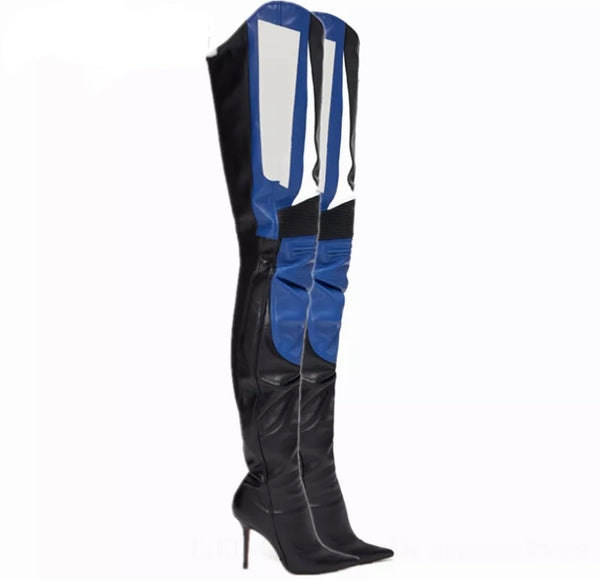 Women Color Patchwork Genuine Leather Thigh High Boots