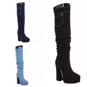 Women Fashion Buckled Denim Platform Pocket Knee High Boots