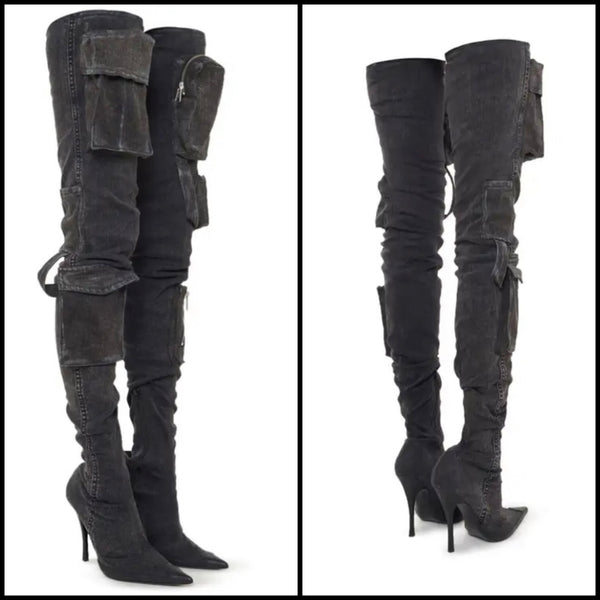 Women Pocket Over The Knee Denim Fashion Boots