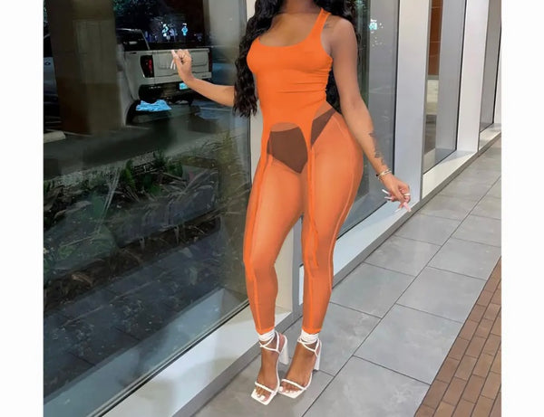 Women Sexy Fashion Sleeveless Tank Two Piece Mesh Pant Set