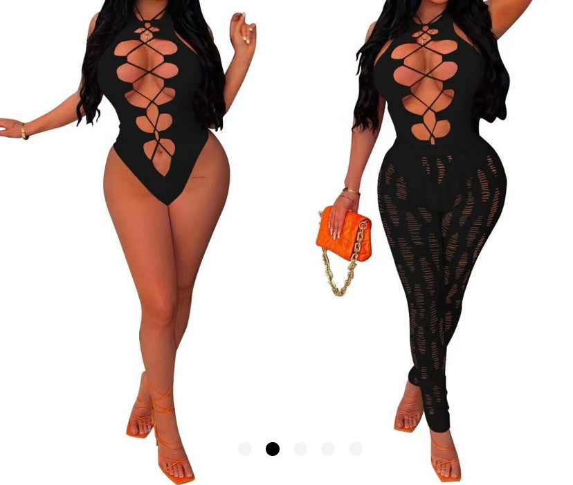 Women Sexy Sleeveless Hollow Out Lace Up Two Piece Pant Set