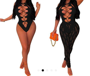 Women Sexy Sleeveless Hollow Out Lace Up Two Piece Pant Set