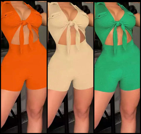 Women Solid Color Sexy Sleeveless Cut Out Tie Up Romper