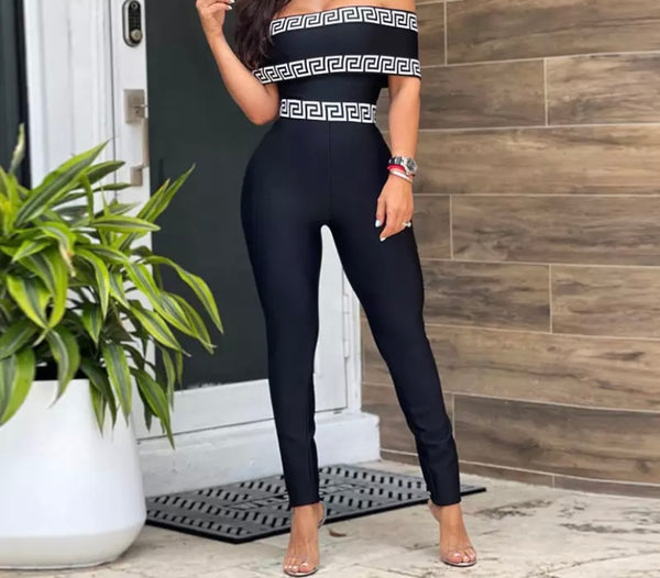 Women Sexy Off The Shoulder Printed Patchwork Jumpsuit