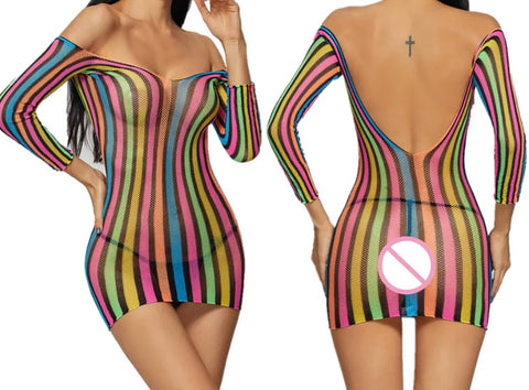 Women Sexy Multicolored Striped Mesh Dress Lingerie